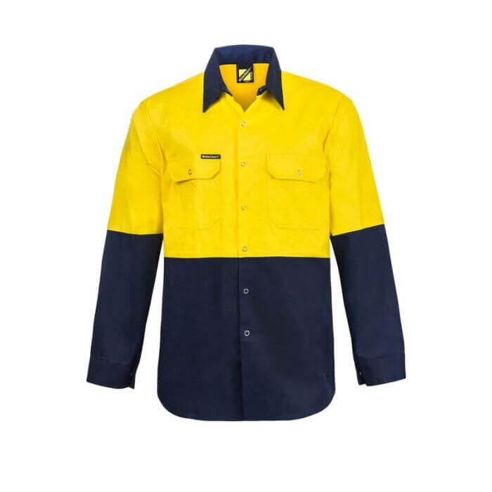 WORKCRAFT - MENS - HI VIS TWO TONE LONG SLEEVE COTTON DRILL SHIRT WITH ...